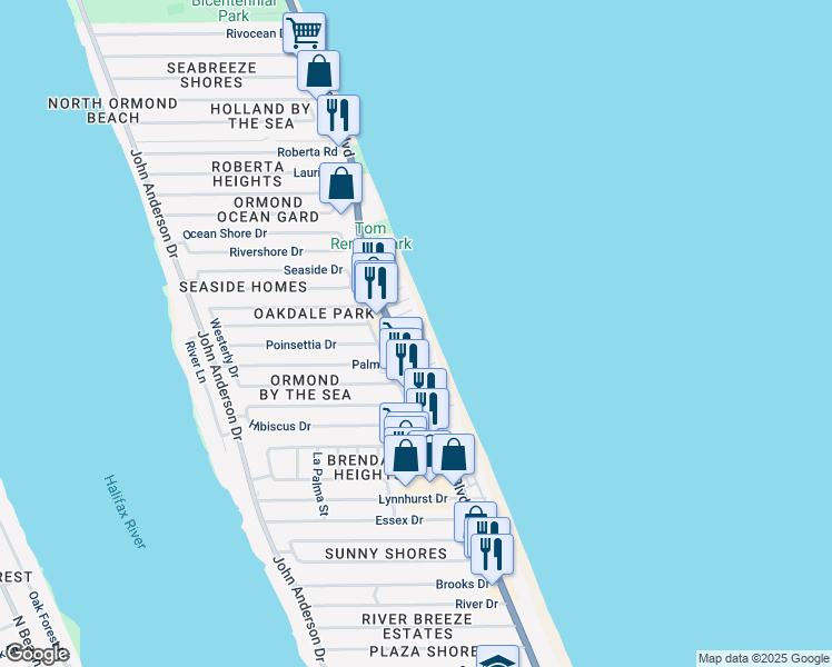 map of restaurants, bars, coffee shops, grocery stores, and more near 1425 Ocean Shore Boulevard in Ormond Beach