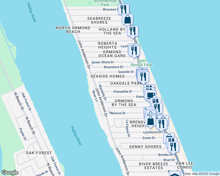 map of restaurants, bars, coffee shops, grocery stores, and more near 46 Azalea Drive in Ormond Beach
