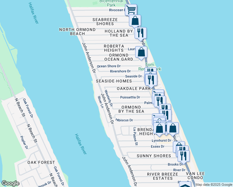 map of restaurants, bars, coffee shops, grocery stores, and more near 46 Azalea Drive in Ormond Beach
