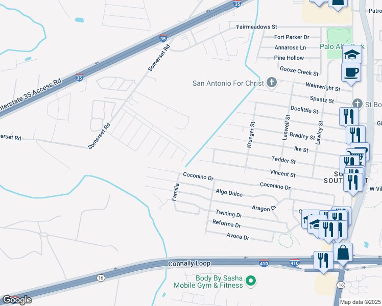 map of restaurants, bars, coffee shops, grocery stores, and more near 9112 Somerset Road in San Antonio