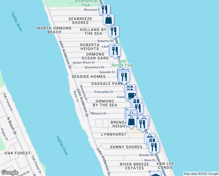 map of restaurants, bars, coffee shops, grocery stores, and more near 18 Azalea Drive in Ormond Beach