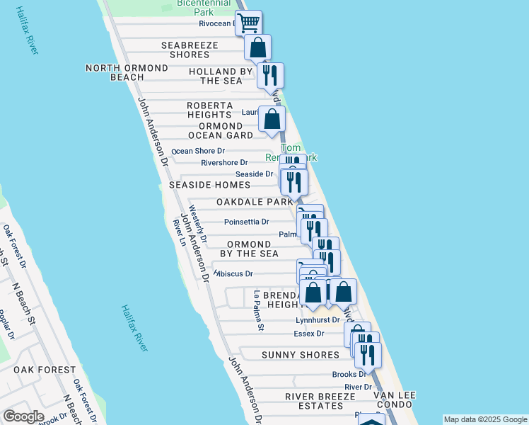 map of restaurants, bars, coffee shops, grocery stores, and more near 16 Azalea Drive in Ormond Beach