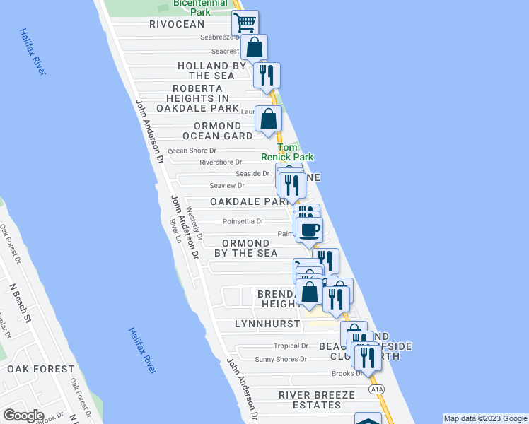 map of restaurants, bars, coffee shops, grocery stores, and more near 14 Azalea Drive in Ormond Beach