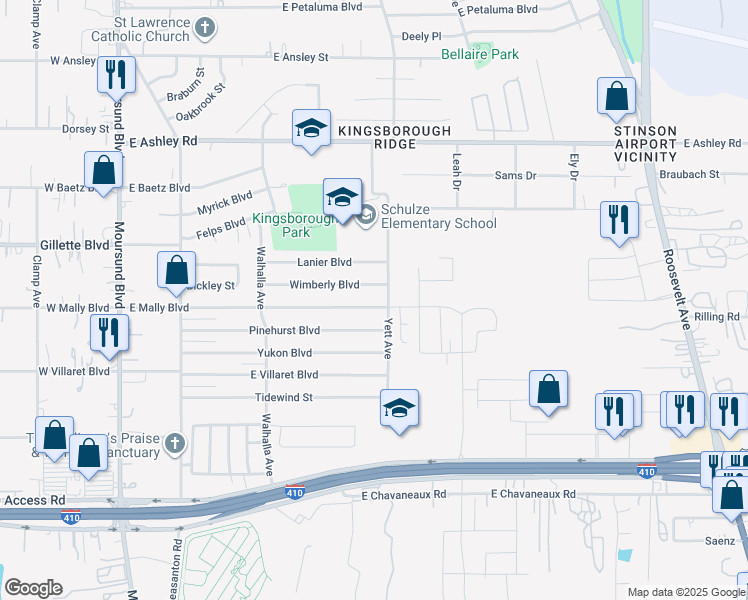 map of restaurants, bars, coffee shops, grocery stores, and more near 535 East Mally Boulevard in San Antonio
