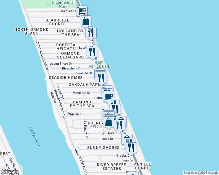 map of restaurants, bars, coffee shops, grocery stores, and more near 1425 Ocean Shore Boulevard in Ormond Beach