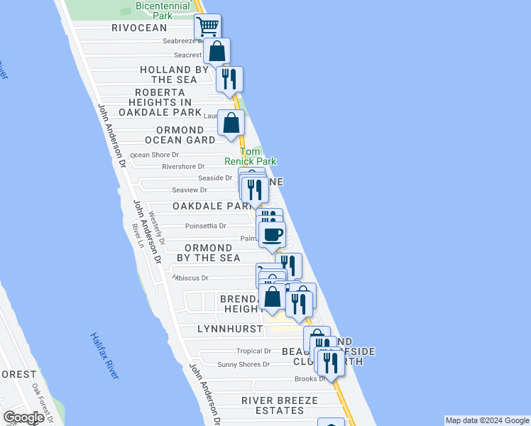 map of restaurants, bars, coffee shops, grocery stores, and more near 1425 Ocean Shore Boulevard in Ormond Beach