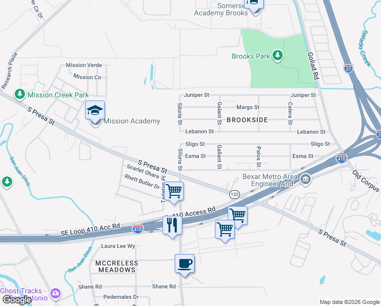 map of restaurants, bars, coffee shops, grocery stores, and more near 117 Esma Street in San Antonio