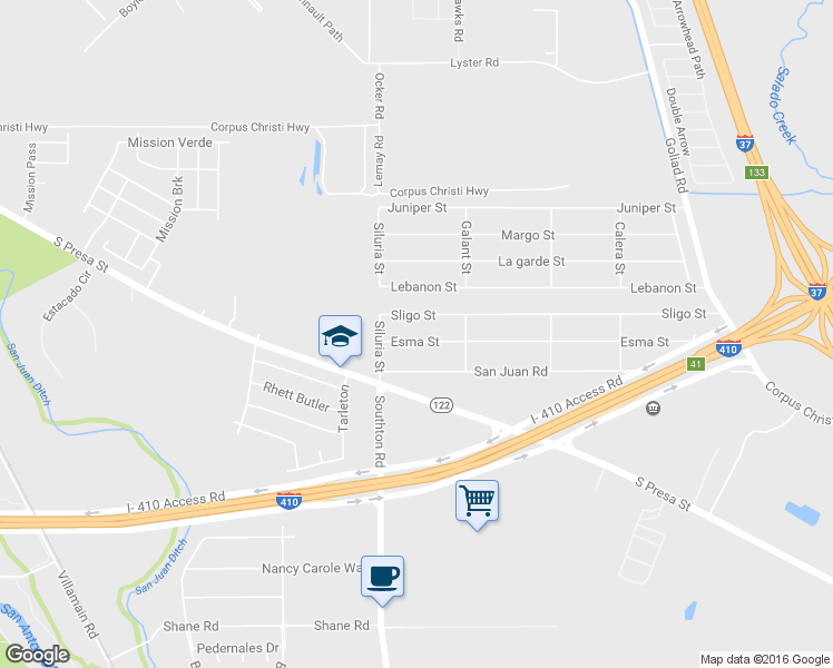 map of restaurants, bars, coffee shops, grocery stores, and more near 117 Esma Street in San Antonio