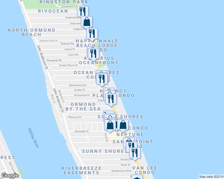 map of restaurants, bars, coffee shops, grocery stores, and more near 1425 Ocean Shore Boulevard in Ormond Beach