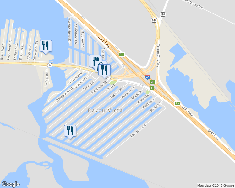 map of restaurants, bars, coffee shops, grocery stores, and more near 503 Pompano Street in Hitchcock