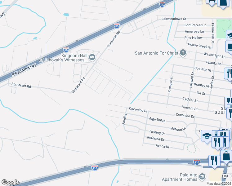 map of restaurants, bars, coffee shops, grocery stores, and more near 3735 Coconino Drive in San Antonio