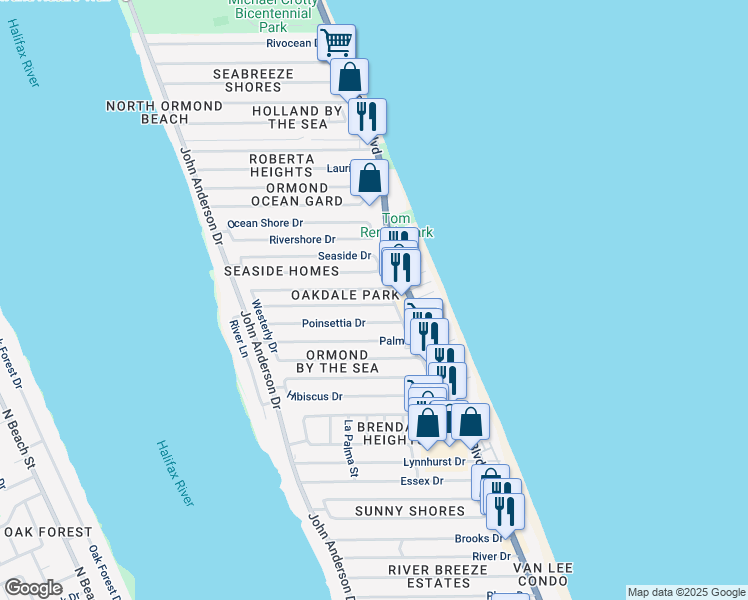 map of restaurants, bars, coffee shops, grocery stores, and more near 16 Azalea Drive in Ormond Beach