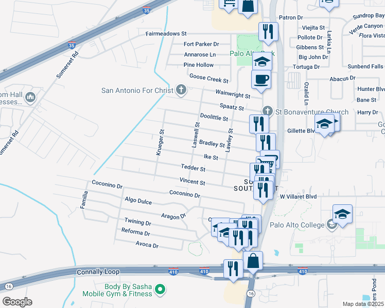 map of restaurants, bars, coffee shops, grocery stores, and more near Ike Street in San Antonio