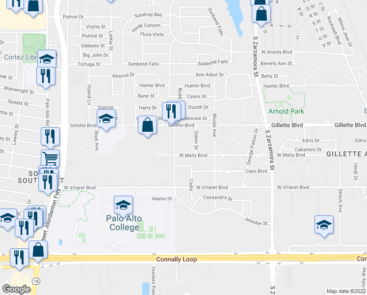 map of restaurants, bars, coffee shops, grocery stores, and more near 1865 W Mally Blvd in San Antonio