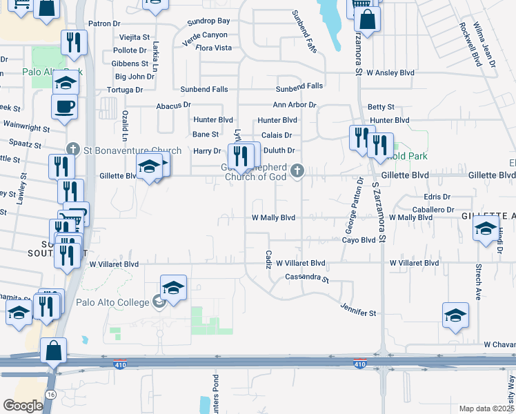 map of restaurants, bars, coffee shops, grocery stores, and more near 1865 West Mally Boulevard in San Antonio