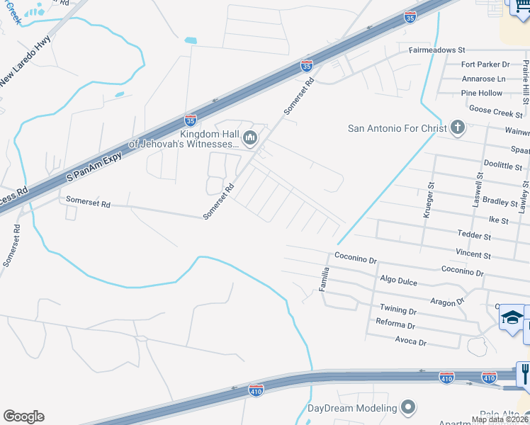 map of restaurants, bars, coffee shops, grocery stores, and more near 3835 Coconino Drive in San Antonio