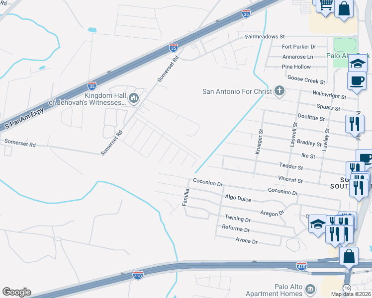 map of restaurants, bars, coffee shops, grocery stores, and more near 9142 Somerset Road in San Antonio