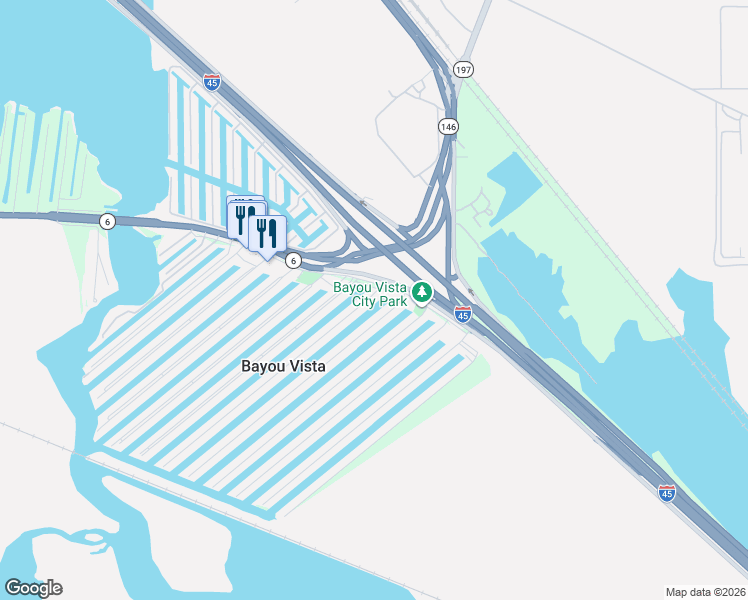 map of restaurants, bars, coffee shops, grocery stores, and more near 565 Warsaw Drive in Bayou Vista