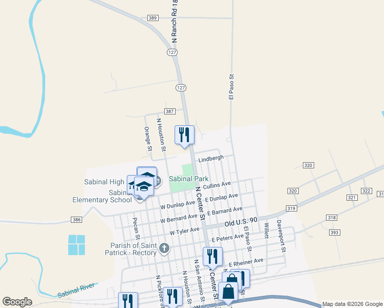 map of restaurants, bars, coffee shops, grocery stores, and more near North Center Street & Center Street in Sabinal