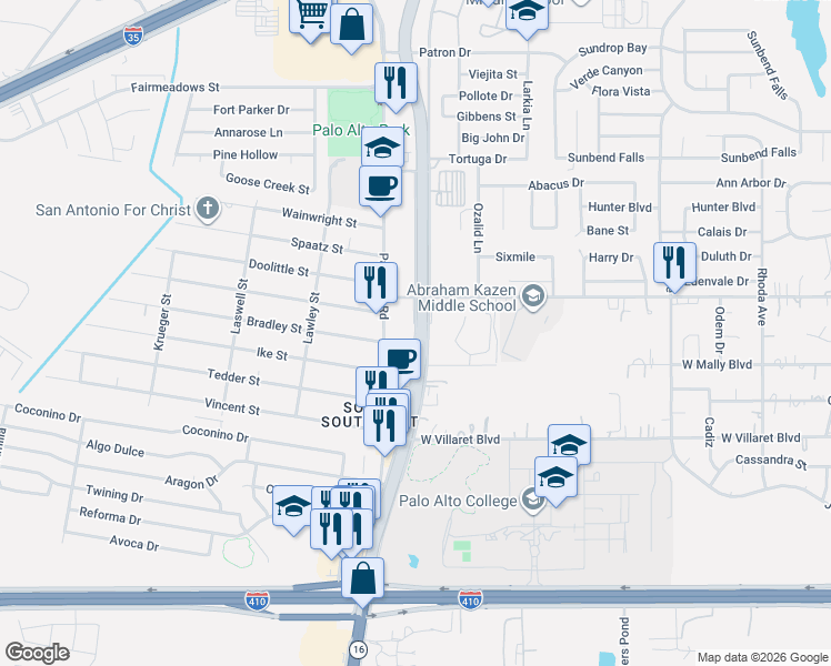 map of restaurants, bars, coffee shops, grocery stores, and more near 9403 Poteet Jourdanton Freeway in San Antonio