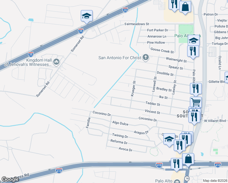 map of restaurants, bars, coffee shops, grocery stores, and more near 467 Ike Street in San Antonio