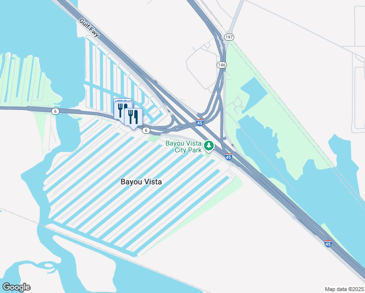 map of restaurants, bars, coffee shops, grocery stores, and more near 565 Warsaw Drive in Bayou Vista