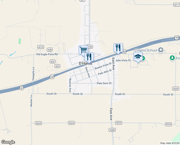 map of restaurants, bars, coffee shops, grocery stores, and more near 140 County Road 5211 in D'Hanis