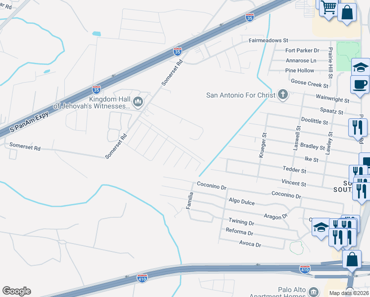 map of restaurants, bars, coffee shops, grocery stores, and more near 9142 Somerset Road in San Antonio