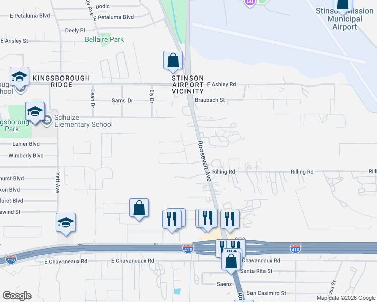 map of restaurants, bars, coffee shops, grocery stores, and more near 9302 Monsanto in San Antonio