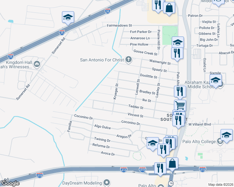 map of restaurants, bars, coffee shops, grocery stores, and more near 362 Bradley Street in San Antonio