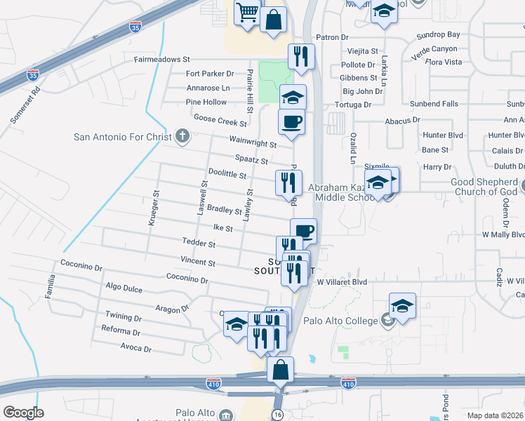 map of restaurants, bars, coffee shops, grocery stores, and more near 151 Bradley Street in San Antonio