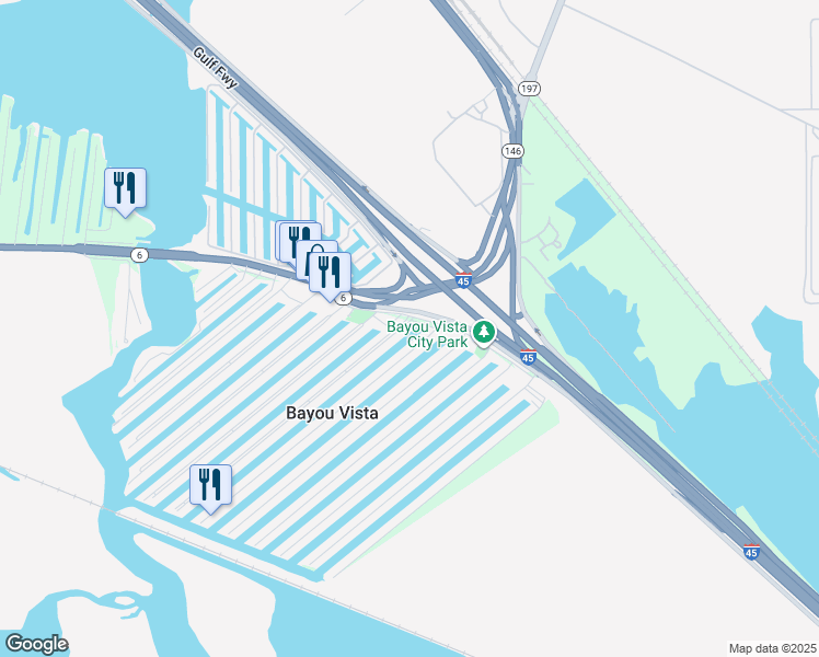 map of restaurants, bars, coffee shops, grocery stores, and more near 565 Warsaw Drive in Bayou Vista