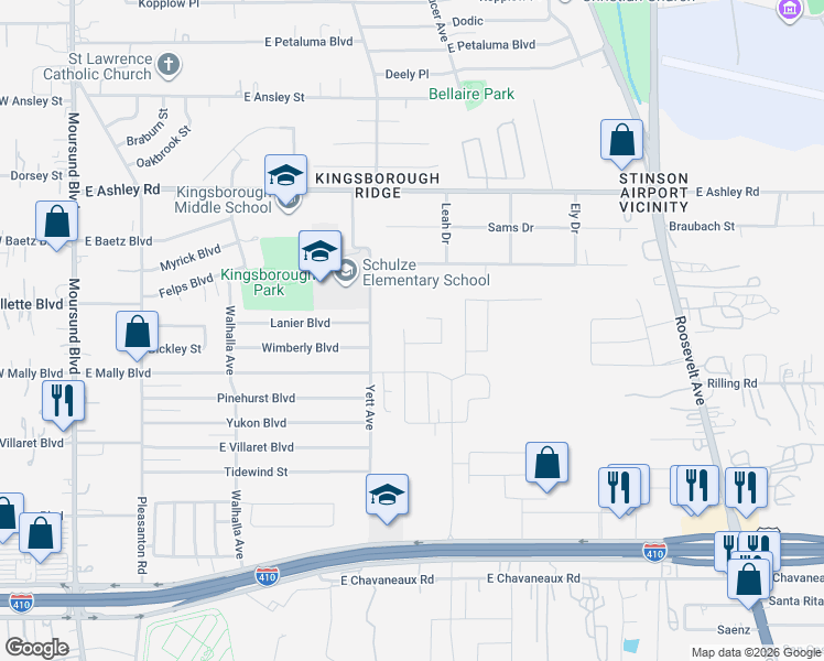 map of restaurants, bars, coffee shops, grocery stores, and more near 9310 Yett Boulevard in San Antonio