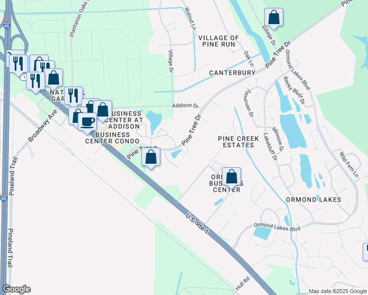 map of restaurants, bars, coffee shops, grocery stores, and more near 300 Sawmill Creek Court in Ormond Beach