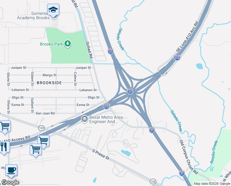 map of restaurants, bars, coffee shops, grocery stores, and more near Lucian Adams Freeway in San Antonio
