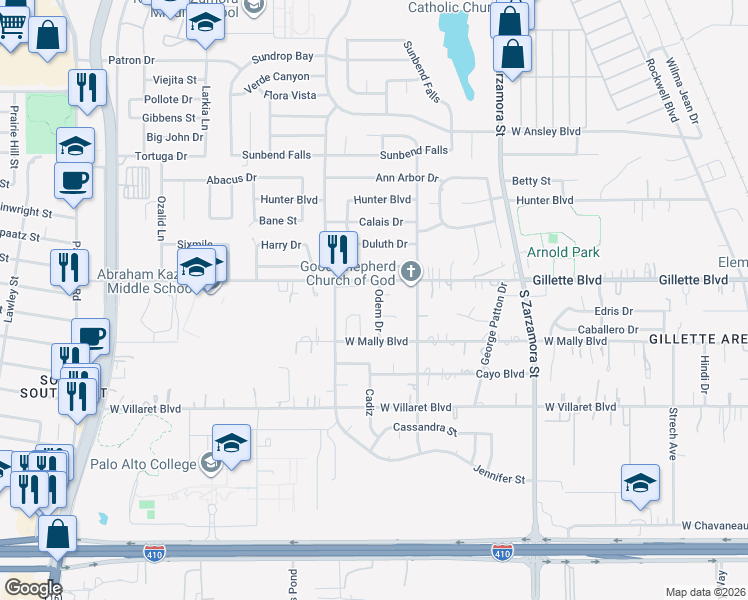 map of restaurants, bars, coffee shops, grocery stores, and more near 9315 Odem Drive in San Antonio