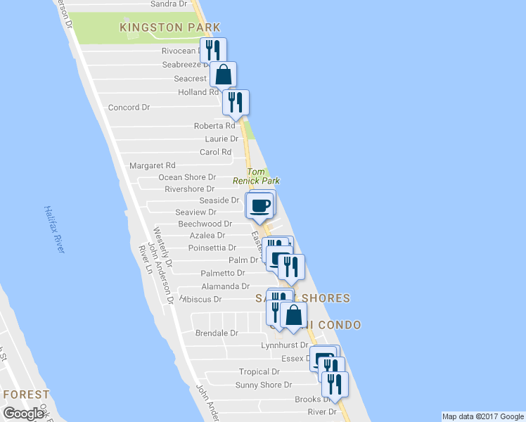 map of restaurants, bars, coffee shops, grocery stores, and more near 1 Ocean View Drive in Ormond Beach