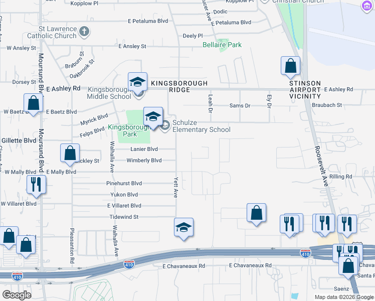 map of restaurants, bars, coffee shops, grocery stores, and more near 9222 Yett Avenue in San Antonio