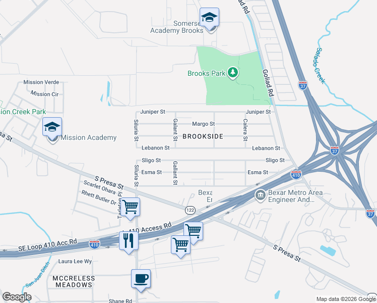 map of restaurants, bars, coffee shops, grocery stores, and more near 214 Lebanon St in San Antonio