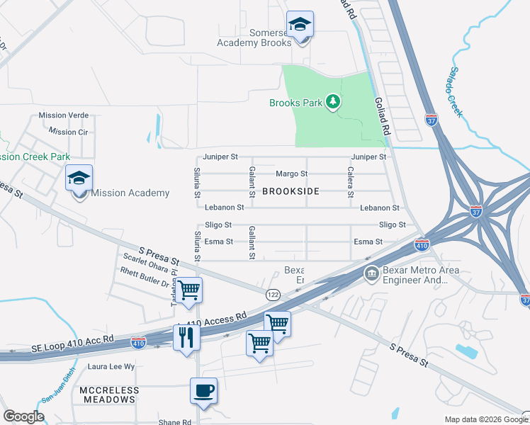 map of restaurants, bars, coffee shops, grocery stores, and more near 214 Lebanon Street in San Antonio