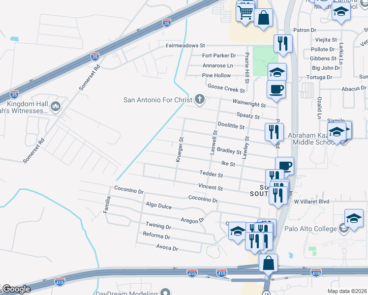 map of restaurants, bars, coffee shops, grocery stores, and more near 362 Bradley St in San Antonio