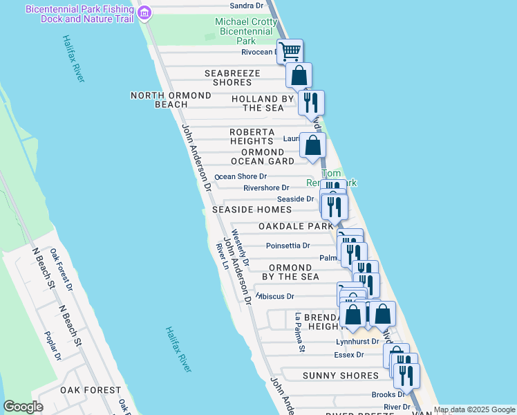 map of restaurants, bars, coffee shops, grocery stores, and more near 41 Seaview Drive in Ormond Beach