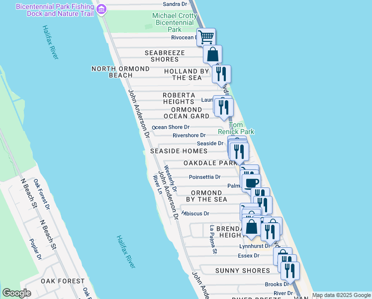 map of restaurants, bars, coffee shops, grocery stores, and more near 41 Seaview Drive in Ormond Beach