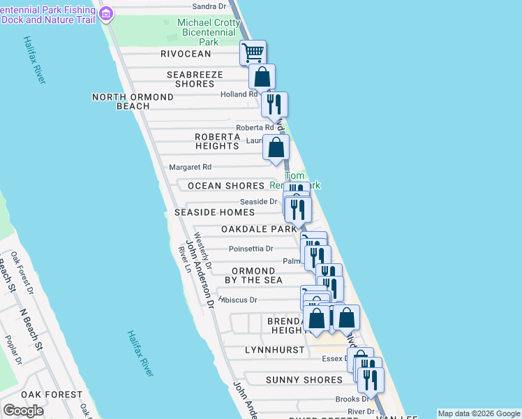 map of restaurants, bars, coffee shops, grocery stores, and more near 7 Seaview Drive in Ormond Beach