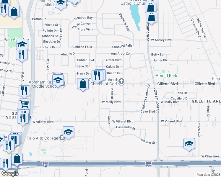 map of restaurants, bars, coffee shops, grocery stores, and more near 9315 Odem Drive in San Antonio