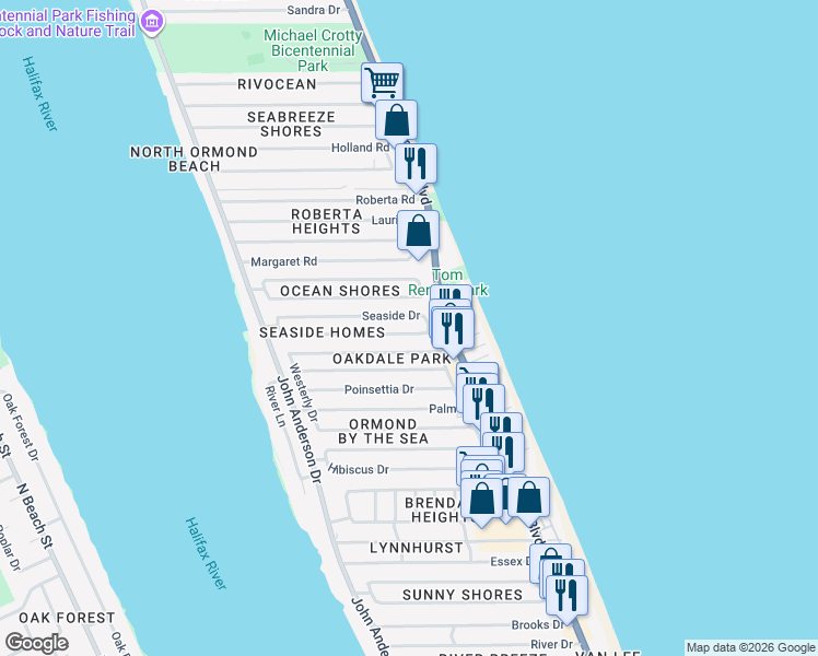 map of restaurants, bars, coffee shops, grocery stores, and more near 7 Seaview Drive in Ormond Beach