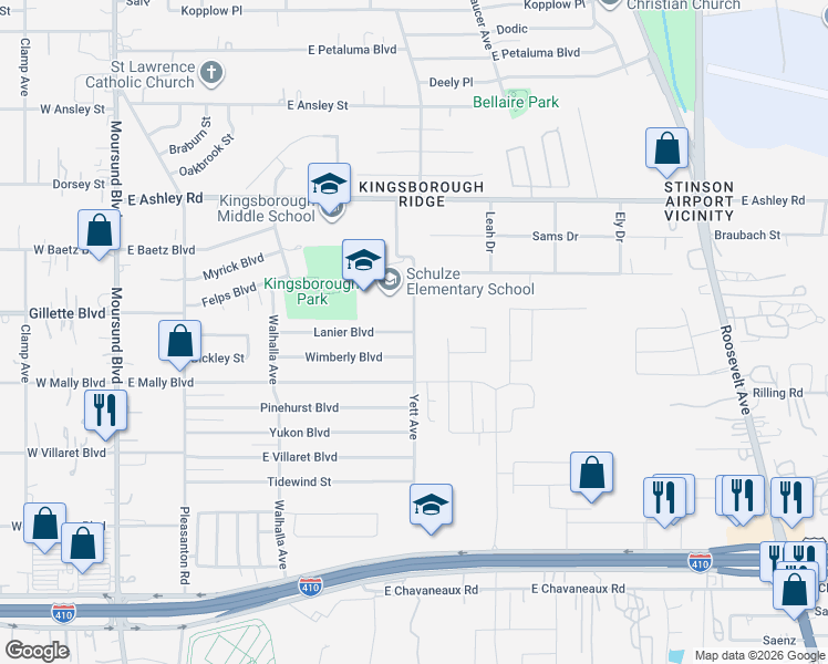 map of restaurants, bars, coffee shops, grocery stores, and more near Lanier Blvd in San Antonio