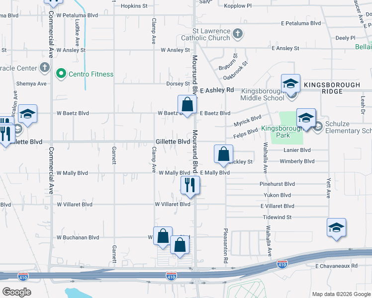 map of restaurants, bars, coffee shops, grocery stores, and more near 122 Gillette Boulevard in San Antonio