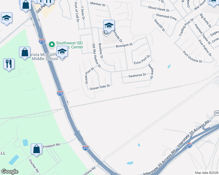 map of restaurants, bars, coffee shops, grocery stores, and more near 5606 Ocean Side Street in San Antonio