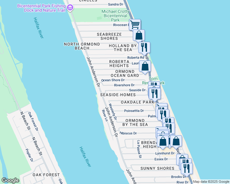 map of restaurants, bars, coffee shops, grocery stores, and more near 57 Seaview Drive in Ormond Beach